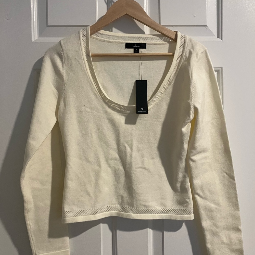 Lulus Detailed Delight Ivory Pointelle Knit Scoop Neck Sweater Top White - Picture 3 of 3